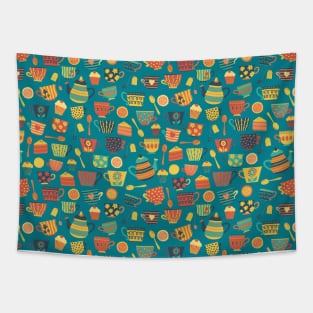 Vintage tea party - tea cups and sweets - teal Tapestry