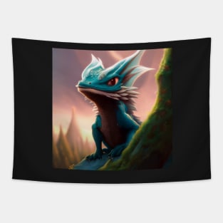 Baby Cyan Dragon Climbing a Rock in the Mountains Tapestry