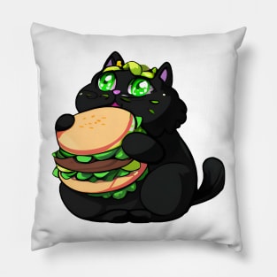 Black Fat cat eating burger Pillow