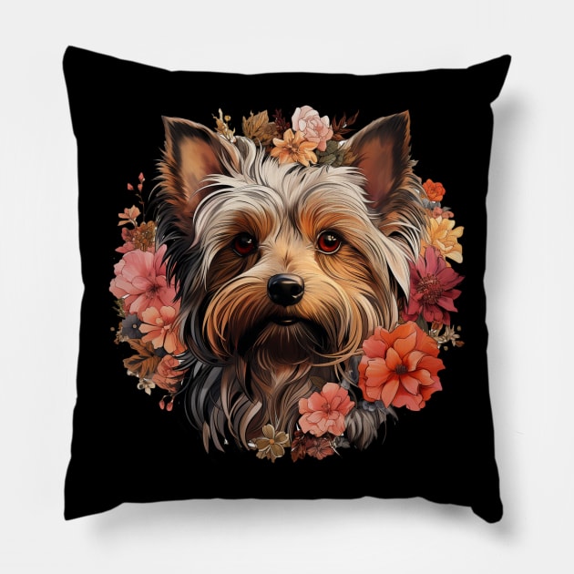 Cottagecore Cute Yorkshire Terrier Floral Dog Lovers Pillow by Paul Walls
