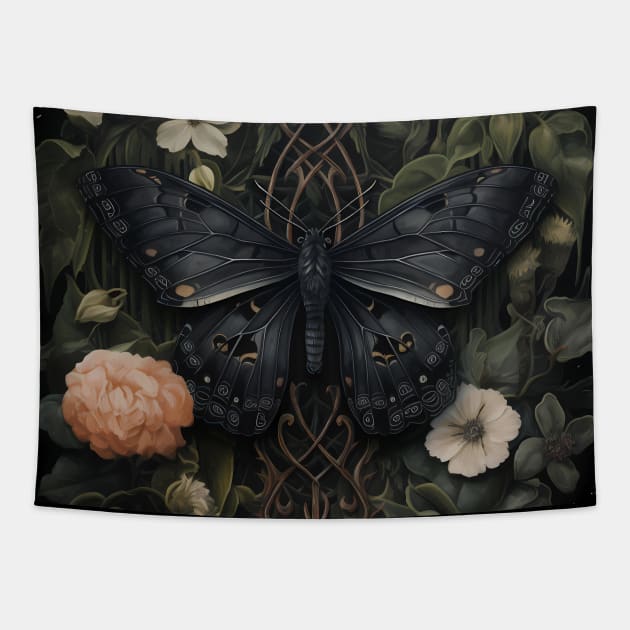 gothic botanical moth black Tapestry by Ghiblistrokes