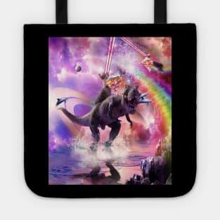 Rainbow Laser Space Cat On Dinosaur Eating Pizza Tote
