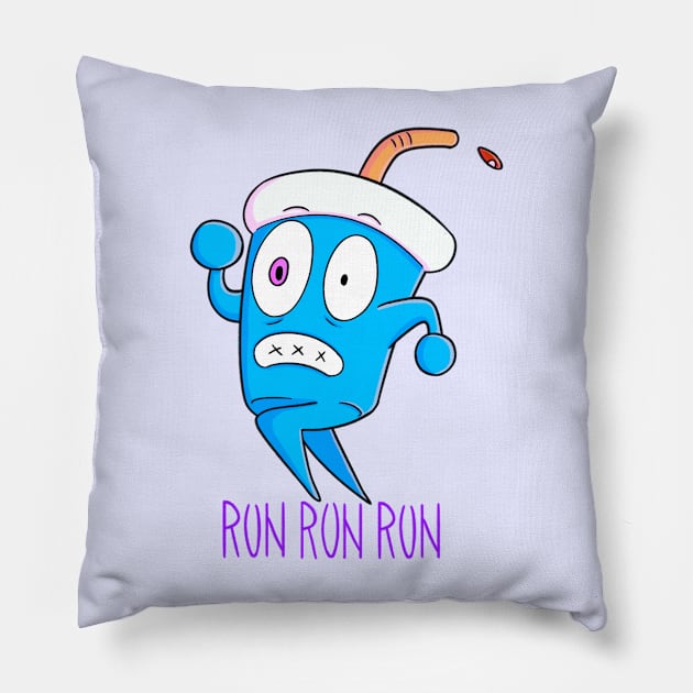 Soda running, funny fast food design "RUN RUN RUN" Pillow by angdelx art