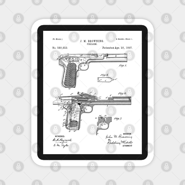 Browning Pistol Patent - Gun Lover Military Fan Art - White Magnet by patentpress