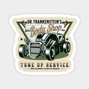 Retro Dr Frankenstein's Body Shop Spoof Hot Rod Magnet