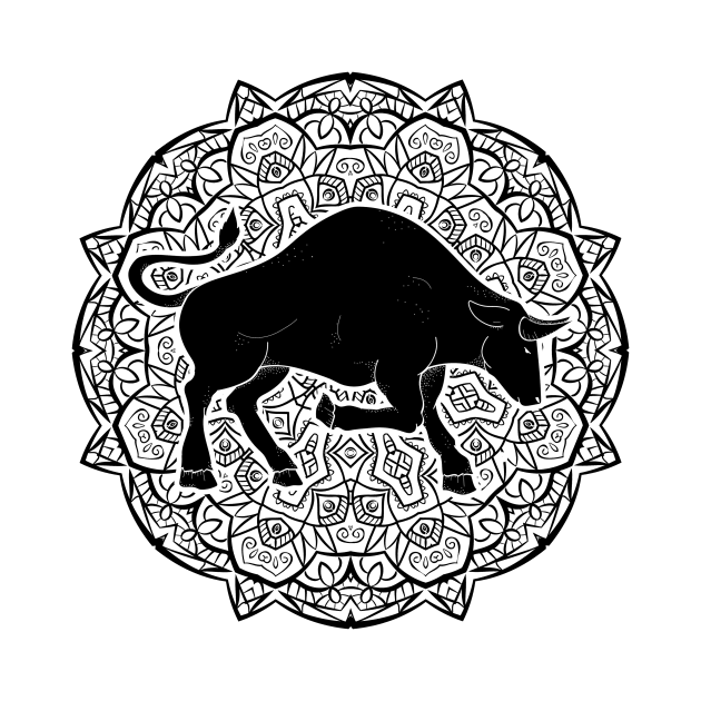 Taurus Mandala Zodiac in Black and White by Serbyk