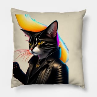 A cat wearing a leather jacket and a black jacket with a yellow tail. Pillow