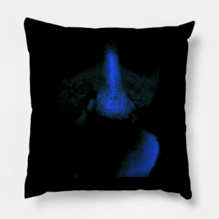 Portrait, digital collage and special processing. Close up to face, nose. Weird and dark. Green and blue. Pillow