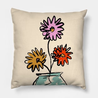 Retro Colorful Flowers in Blue Vase 70s 1 Pillow