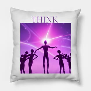 "Enigmatic Mind - Glowing Alien Brain Tee, Vibrant Pink, White, and Purple Colors, Thought-Provoking 'Think' Design, Aesthetic Extraterrestrial Shirt" Pillow