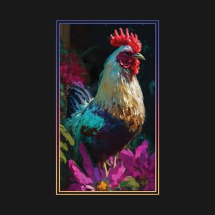 Chicken Rooster Vibrant Tropical Flower Tall Digital Oil Painting Portrait T-Shirt