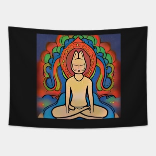 Cat Man Meditating In Front of A Radiating Lotus Background Tapestry