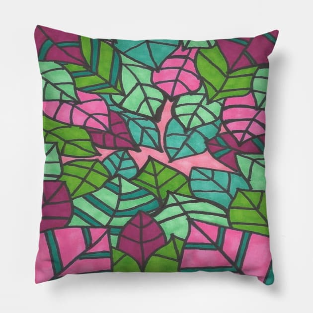 Tropical Leaves in Pink and Green Pillow by DanielleGensler