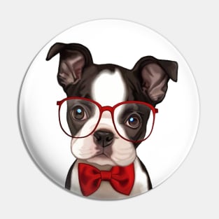 Boxer Puppy wearing Red Glasses and Bow Tie Pin