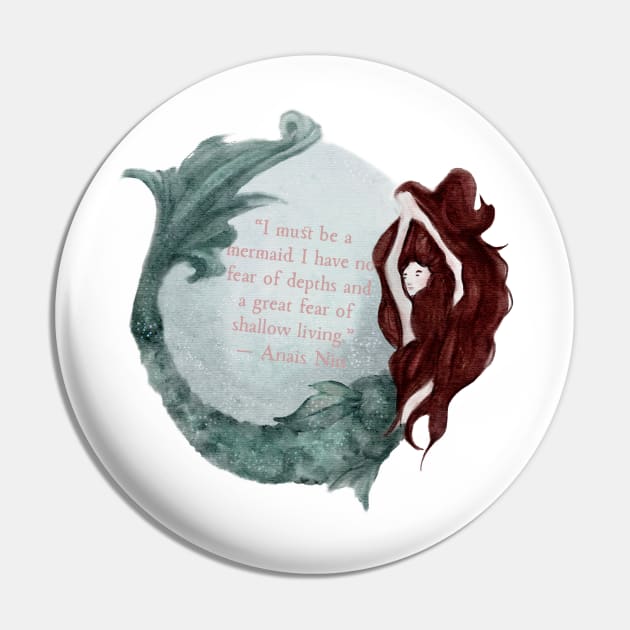 Anais Nin Mermaid Quote Red Hair Watercolor Mermaid Silver Sparkles Pin by penandbea