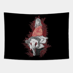 Little girl with elephant dark Tapestry