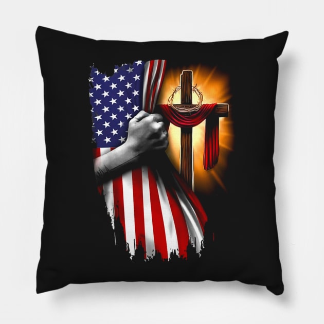 American Flag Cross Jesus Hand Pride Christian Nurse Heartbeat Pillow by ANGELA2-BRYANT