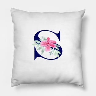 Watercolor Floral Letter S in Navy Pillow