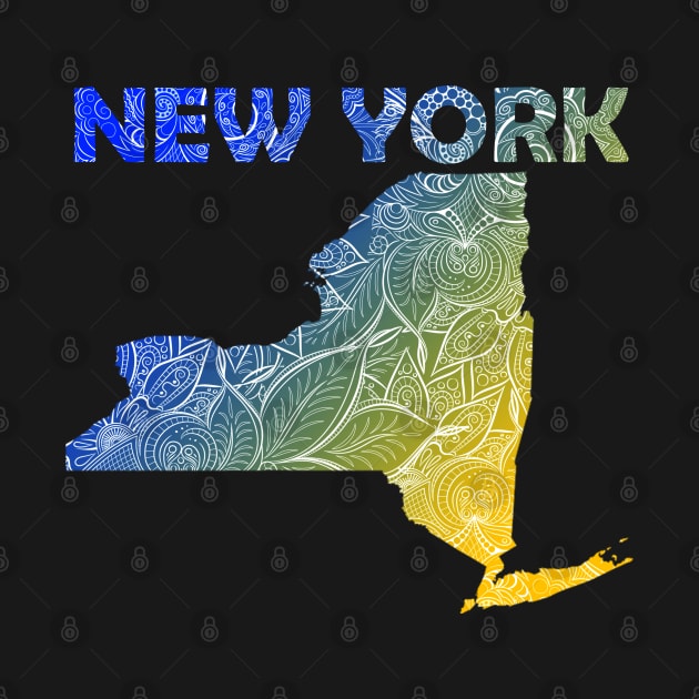 Colorful mandala art map of New York with text in blue and yellow by Happy Citizen