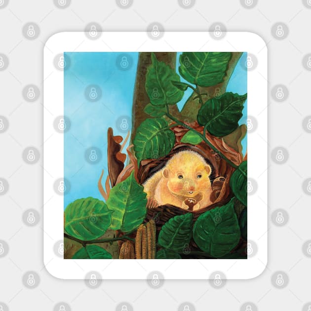 Hazel dormouse (Muscardinus avellanarius) eating hazelnuts Magnet by Julia Doria Illustration