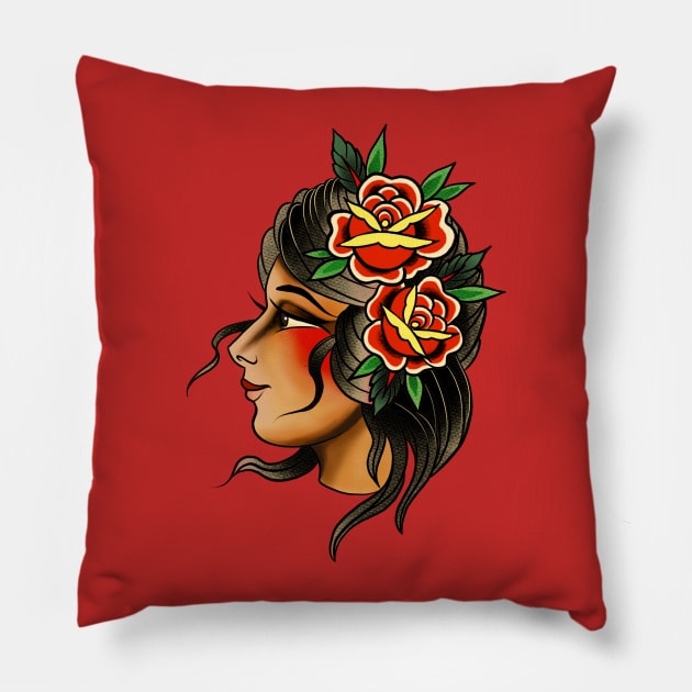 Traditional tattoo lady Pillow by churchtattoo