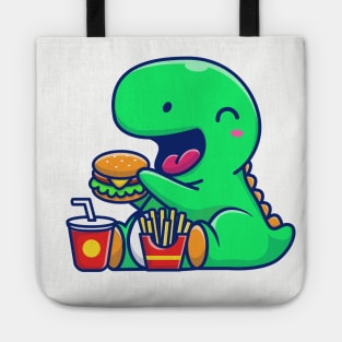 Cute Dinosaur Eating Burger, French Fries And Drink Cartoon Tote