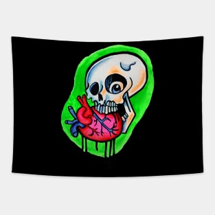 Skull biting a heart Tapestry