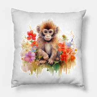 Watercolor picture of a cute little monkey with beautiful colored flowers. Pillow