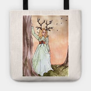 Cottagecore Deer Girl: Mossy Forest at Sunset Tote