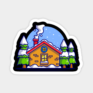 Snow Cabin in Winter Cartoon Magnet