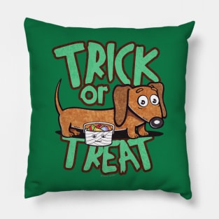 Funny and cute doxie dachshund dog going trick or treating on halloween to get more candy on a scary and spooky night Pillow