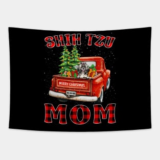 Christmas Shih Tzu Mom Santa Hat Truck Tree Plaid Dog Mom Christmas Tapestry