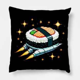 Retro Space Sushi - Pixel Art Fusion of Sushi & Galaxy Exploration Pillow