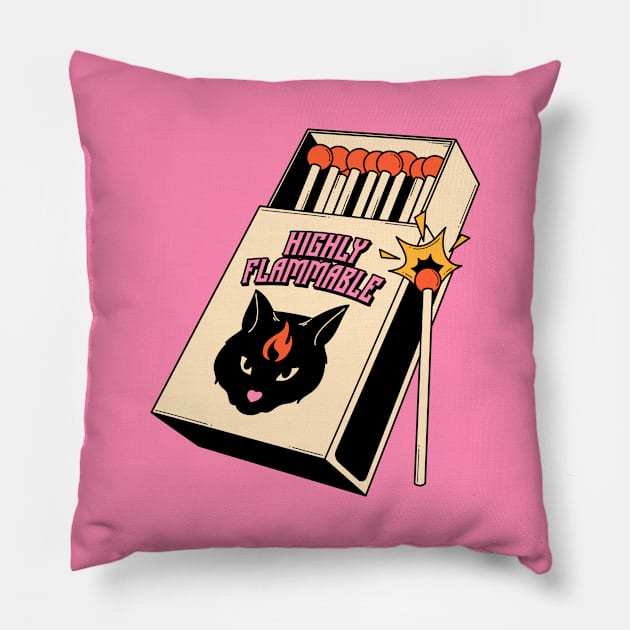 Highly Flammable Black Cat in pink Pillow by The Charcoal Cat Co.