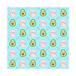 Cute sweet adorable little Kawaii pink baby bunnies with a yellow tea cup cartoon, yummy happy funny green avocados pastel blue fruity summer pattern design. T-Shirt