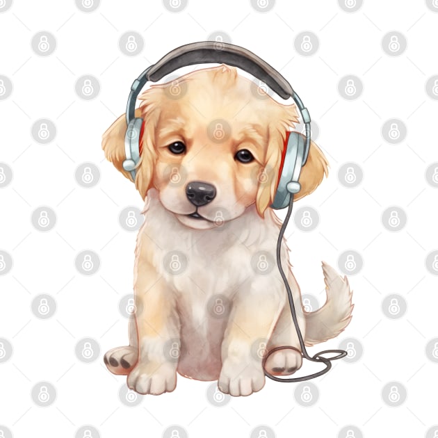 Watercolor Golden Retriever Dog with Headphones by Chromatic Fusion Studio