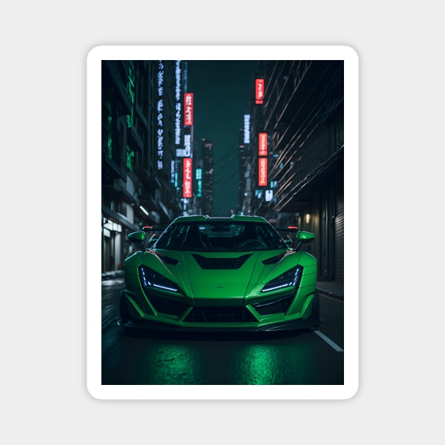 Dark Green Sports Car in Japanese Neon City Magnet by star trek fanart and more