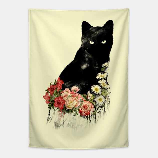 Black Cat Vintage Flower Good Luck by Tobe Fonseca Tapestry by Tobe_Fonseca