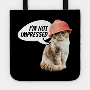 I'm not impressed. Cat with hard hat. Tote