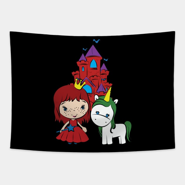 Unicorn Little Red Head Princess Castle. Tapestry by CoolFactorMerch