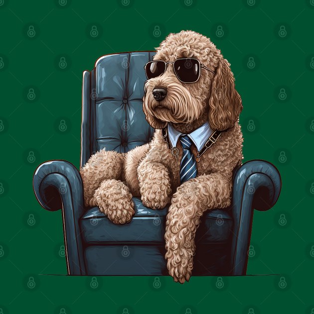 Cool Golden Doodle Stock Trader Sitting on a Lounge Chair by Bee's Pickled Art