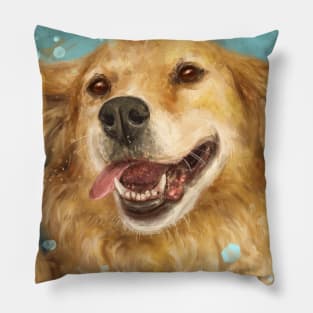 Painting of a Blond Golden Retriever Smiling on Light Blue Background Pillow