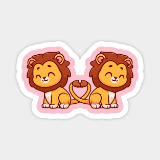 Cute Lion Couple With Love Heart Tail Cartoon Magnet