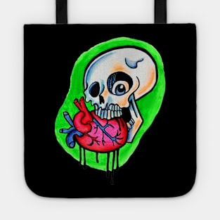 Skull biting a heart Tote