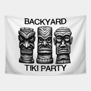Three Tiki Statues - Backyard Tiki Party (Black Lettering) Tapestry