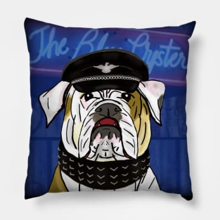 Funny and Tough Bulldog, Blue Oyster Sign in the Background Pillow