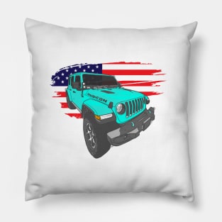 Jeep Wrangler with American Flag - Ocean Blue Pillow