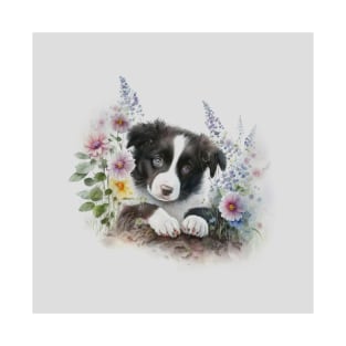 Border Collie Baby Puppy Dog Gray Watercolor Floral Art #1 T-Shirt