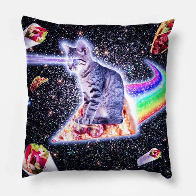 Laser Eyes Space Cat Riding Rainbow Pizza Pillow by Random Galaxy