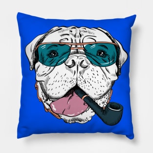 Hipster dog Bullmastiff breed in blue glassess with a pipe Pillow